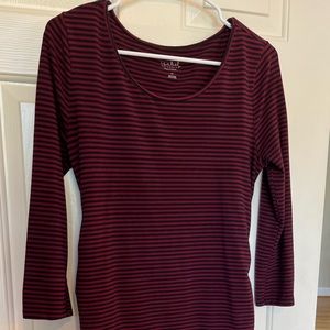 Red and black striped midi maternity dress with 3/4 sleeves